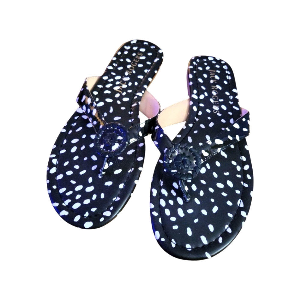 Jack Rogers Rowen Black & White Animal Print Flip Flop Sandals 7M / NWOB